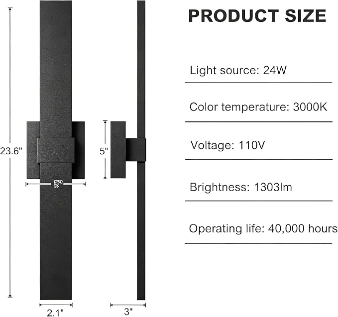LamQee Aluminum 24 in Long Outdoor Wall Light Fixture, 3000K Integrated LED | Waterproof IP65, Modern Exterior Lights, Linear Outdoor Sconce, Wall Mount Outside Lighting, for House Porch Patio Garage
