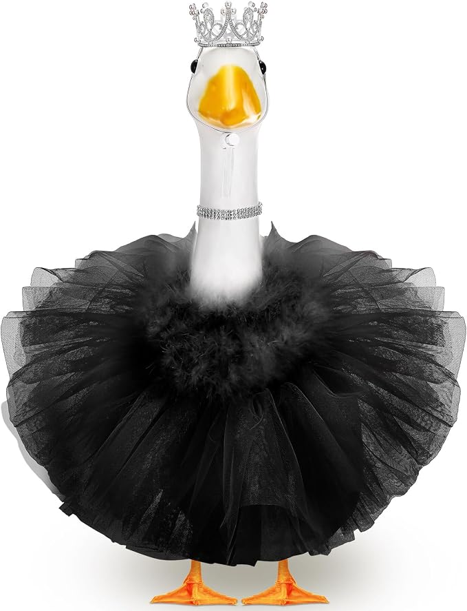 4 Pcs Princess Porch Goose Outfit for 23" 17" Cement Lawn Goose Costume Crown Necklace Tutu Skirt Feather Trim(Black)