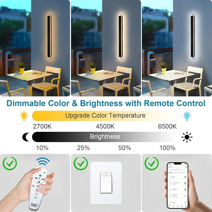 59inch Long Modern Outdoor Wall Light Fixtures, 2700K-6500K Dimmable, IP65 Waterproof Linear Exterior Wall Sconces Light, Black LED Wall Mount Light for Home, Yard, Garden with Remote Control