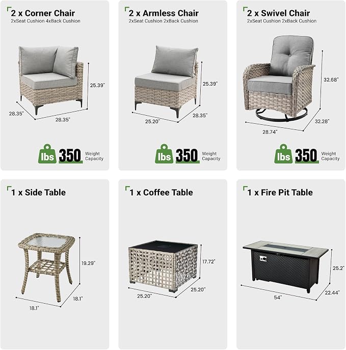 9 Pcs Patio Furniture with Fire Pit Table, Outdoor Rattan Wicker Conversation Set with Glowing Coffee Table, Comfy Sectional Sofa for Porch Balcony Backyard Pool, Grey