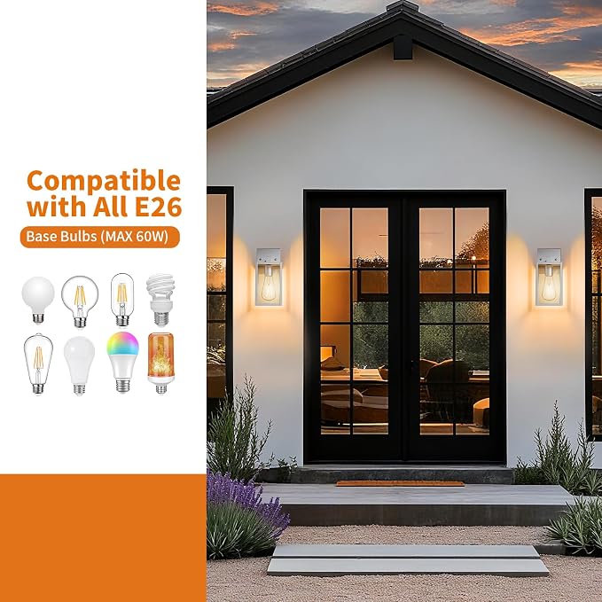 2 Pack Silver Outdoor Wall Sconce Lights Wall Mount, Waterproof Exterior Lighting Fixtures, Outside Front Porch Lights for House, Outdoor Lantern Lamp, Coach Light for Garage Entryway