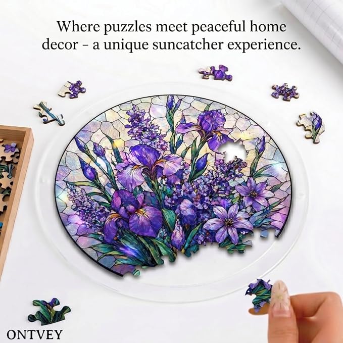 Acrylic Jigsaw Puzzle Suncatcher - Purple Flower Acrylic Puzzle Window Hanging Decor, 83 Irregular Pieces & Hanging Chain - Creative DIY Home Indoor & Garden Decor (7.4 Inch)