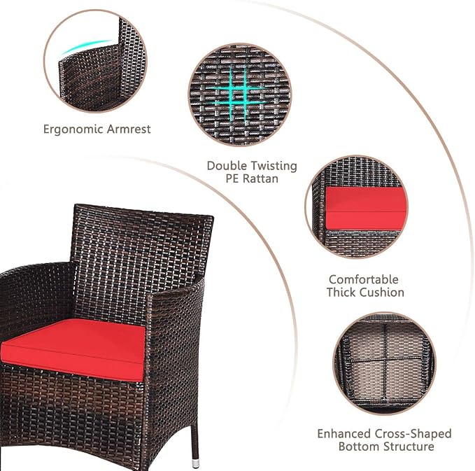 HAPPYGRILL 3-Piece Patio Furniture Set Outdoor Rattan Wicker Conversation Set with Coffee Table Chairs & Thick Cushions Bistro Sets for Patio Garden Lawn Backyard Pool
