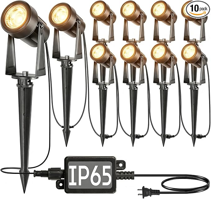 SUNTHIN 10 Pack Outdoor Landscape Lights with Transformer, LED Spotlights | Low Voltage Yard Lighting, Extendable Landscape Ground Lights, IP65 Waterproof Outdoor Spot Lights for Garden, Trees & House