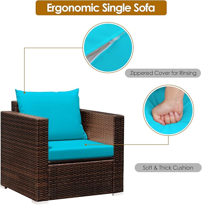 RELAX4LIFE 3-Piece Wicker Bistro Set - Outdoor Patio Rattan Sofa Set w/Washable Cushions & Tempered Glass Coffee Table, Conversation Furniture Set for Backyard, Porch, Garden & Poolside (Turquoise)