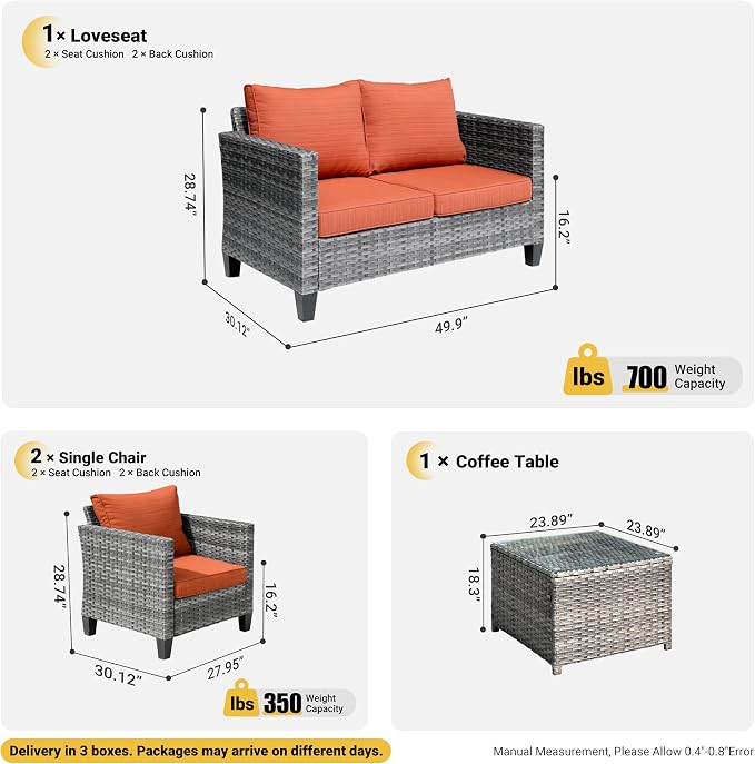 ovios 4 Pieces Patio Furniture Set, Outdoor Wicker Rattan Sofa Couch with Loveseat, Chairs, Glass Coffee Table, Conversation Sets for Yard Porch Garden, Orange Red