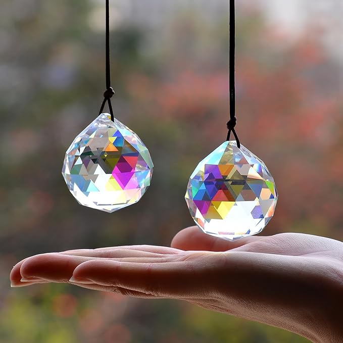 2PCS Ball Crystal Suncatcher Prisms for Windows (Ball ABColor) | AB Color, Transparent, K9 Glass, Rainbow Maker, with Hooks & Cord