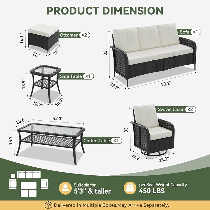 Aoxun 7-Piece Patio Furniture Set with Thick Cushions, Wicker Rattan Outdoor Sectional Sofa with High Back Swivel Rocker Chairs, Outdoor Patio Furniture Set with Coffee Table & Ottoman, Beige