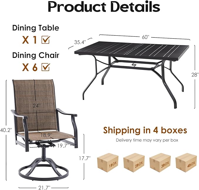 Soohow Patio Dining Set for 6, 7-Piece Outdoor Dining Table and Chairs Set, 6 x Swivel Outdoor Chairs with Paded Textilene and 60"x35" Patio Table with 1.57" Umbrella Hole for Poolside, Backyard