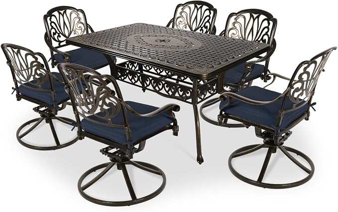 VIVIJASON 7-Piece Outdoor Furniture Dining Set, All-Weather Cast Aluminum Conversation Set Includes 6 Swivel Dining Chairs and a Rectangle Table with Umbrella Hole for Patio Garden, Navy Blue Cushion