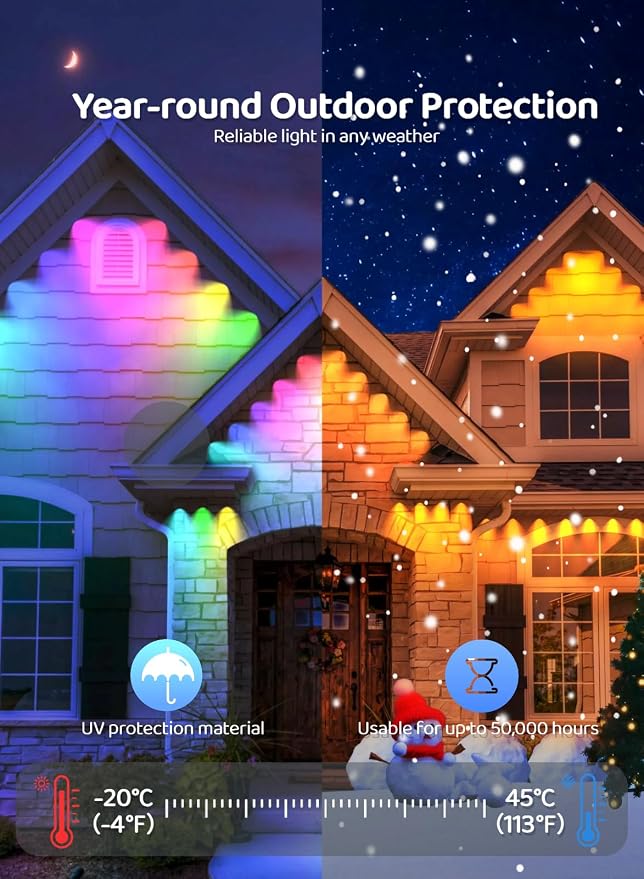 Gaoxun 50ft Permanent Outdoor Lights, RGBW Smart Outside Lights with 30 LED, APP/Remote Control, Dimmable, 47 Scene Modes, Timer, IP67 Waterproof Eaves Lighting for Daily Holiday Christmas Decorations