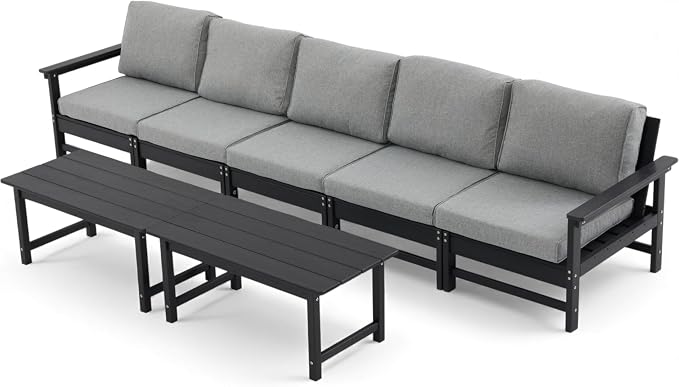 HDPE Outdoor Patio Furniture Set, 7-Piece Sofa Set with 5-Seat Couch 2 Coffee Tables, Weatherproof Conversation Set with Cushions, All-Weather Waterproof, for Garden, Porch & Backyard