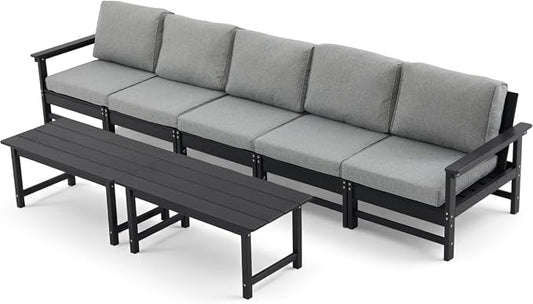 HDPE Outdoor Patio Furniture Set, 7-Piece Sofa Set with 5-Seat Couch 2 Coffee Tables, Weatherproof Conversation Set with Cushions, All-Weather Waterproof, for Garden, Porch & Backyard