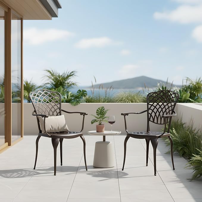 Kinger Home Arden 2-Piece Outdoor Patio Dining Chairs Set of 2, Cast Aluminum Patio Chair Set, All-Weather Resistant Outdoor Dining Furniture, Brown