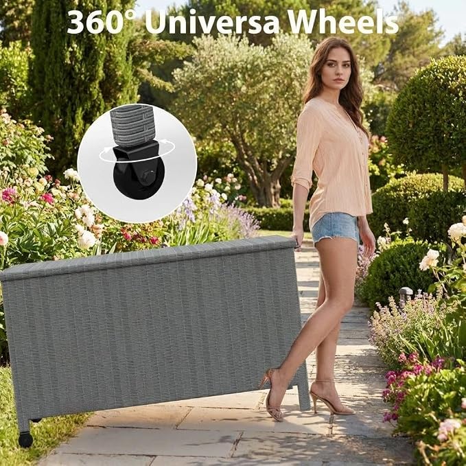 GarveeLife Medium Outdoor Wicker Storage Box, PE Rattan Patio Storage Chest with Steel Frame, Compact Deck Storage Box for Cushions, Toys & Outdoor Essentials – Gray Wicker