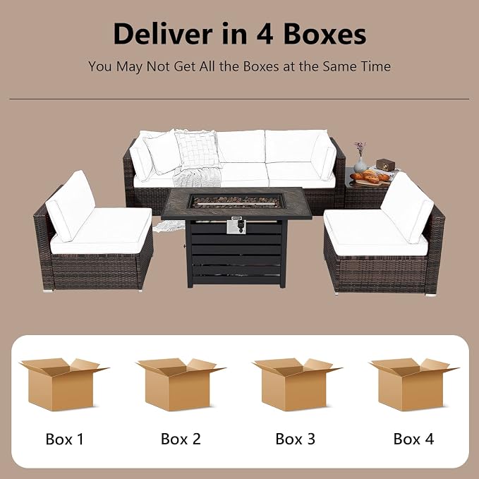 Tangkula 7-Piece Outdoor Patio Furniture Set with 42" Propane Fire Pit Table, Outdoor Wicker Conversation Set with Cushions and Tempered Glass Coffee Table, 50,000 BTU Gas Fire Pit Table (Red)