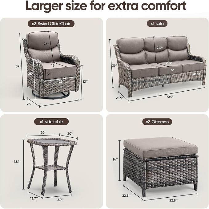 Swivel Patio Chairs Sofa Set of 6-6" Thick Cushion - Wicker Outdoor Swivel Rocker Patio Chair,Sofa/Side Table, High Back Comfortable Outdoor Glider Chairs - Grey Wicker | Grey Cushions