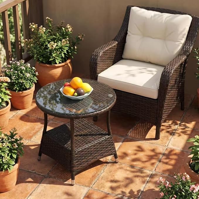IRONORA Outdoor Wicker Coffee Table Patio Round Side Tables for Outside, Tempered Glass Top Wicker Table with Storage End Table for Balcony Porch Deck
