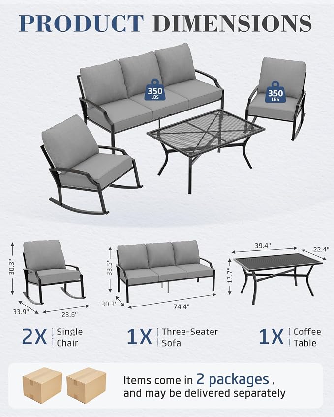 AECOJOY Patio Furniture Set, 4-Piece Metal Mesh Rocking Set, Light Gray | Rust-Resistant Steel Frame, Breathable Mesh, 5" Cushions, 28D High-Density Sponge, for Porch, Deck, Backyard and Garden