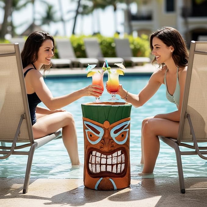 Tiki Outdoor Side Table, 20 Inch Fiber Reinforced Concrete Patio End Table, Decorative Garden Statue Stool with Wood Grain Tribal Mask Design for Garden, Porch, Poolside, Deck