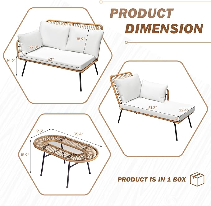 Greesum Outdoor Rope Woven Patio Furniture L-Shaped Conversation Sectional Sofa Set Detachable Lounger for Backyard Porch with Thick Cushions & Long Table, White