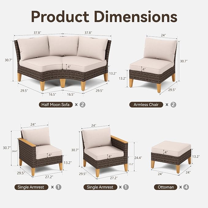GREEN PARTY 12 Pieces Wicker Patio Furniture Set, All-Weather Outdoor Rattan Half-Moon Curved Patio Sectional Sofa Conversation Set with 4" Thick Cushions for Garden, Backyard, 2 x Ottomans