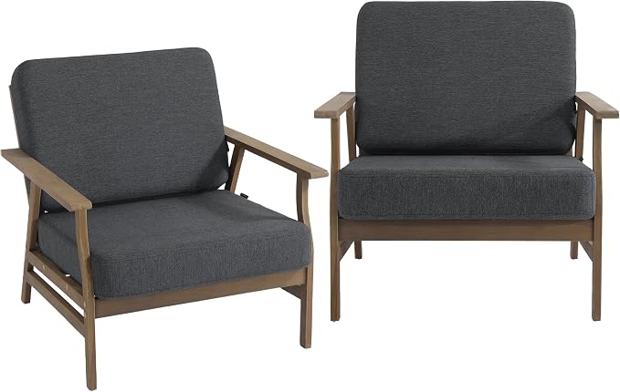 2 Piece Wood Patio Chair Outdoor Bistro Set, Outdoor Armrest Chair All Weather Patio Sofa Furniture Backyard Conversation Sets with Cushions, Dark Gray