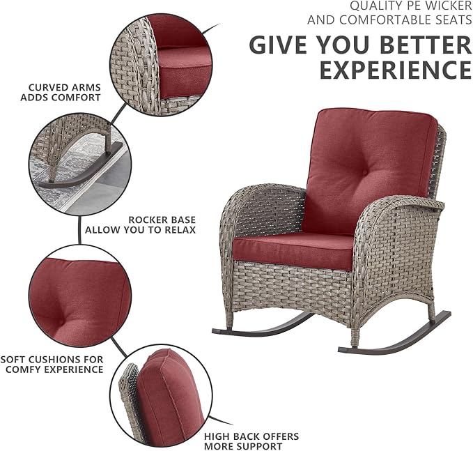 Belord 6 Pieces Patio Rocking Chairs Outdoor Furniture Set with Outdoor Couch and Ottoman Conversation Patio Furniture Set Perfect for Deck Sunroom Backyard Gray/Red