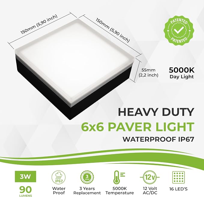 LUMENGY Paver Light 6x6 Inch (5.9x5.9), 5000K Daylight, Glare-Free Brick Lighting for Driveways, Walkways, Pool Decks and Patios, 12V Hardwired, IP67 Waterproof, Drive-Over Rated