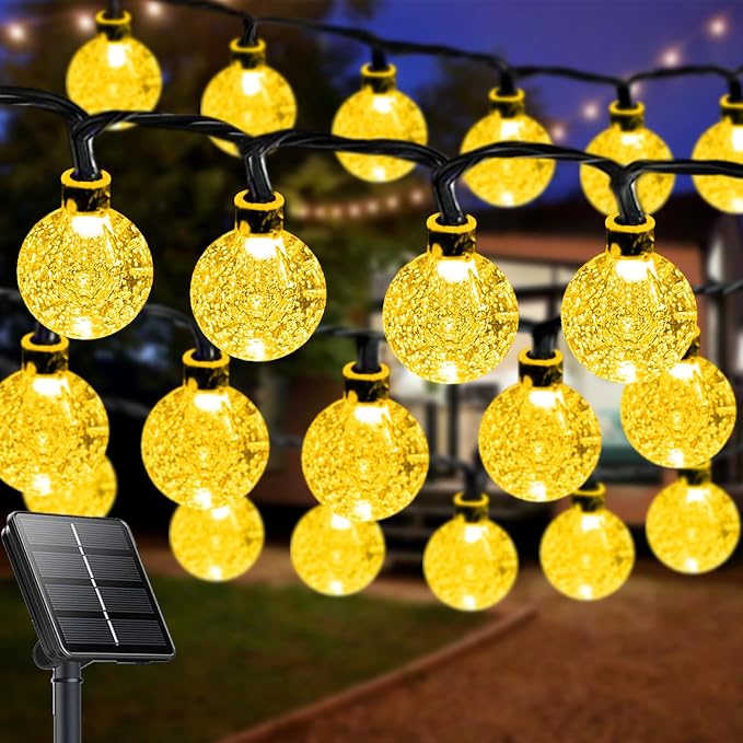 LORRYTE Solar String Lights Outdoor 32FT 50 LED Patio Lights, Warm White | Crystal Globe, IP65 Waterproof, Auto On/Off, 8 Modes Solar Powered Light for Outside Garden Yard Wedding Porch Party Decor
