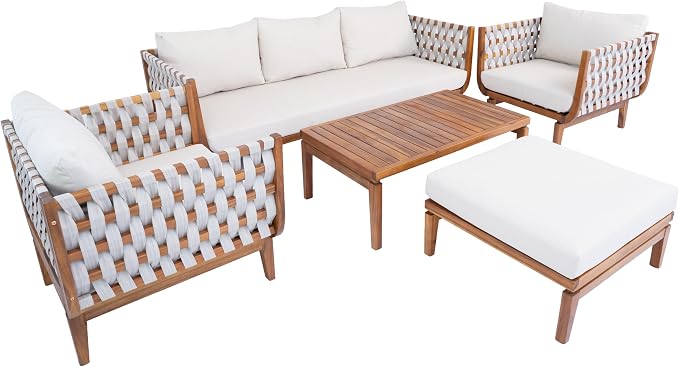 Merax 5 Piece Rope Woven Paito Conversation Set, Outdoor All-Weather Acacia Wood 3-Seater Sofa, Armchair with Cushions,2 Ottomans, 1 Coffee Table for Porch, Lawn, Backyard, Balcon, Teak+ Beige