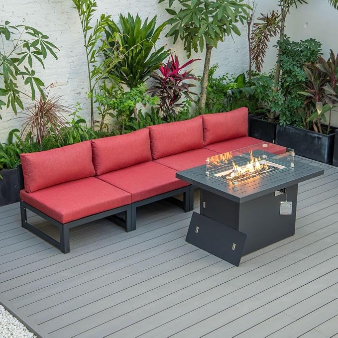 Chelsea Middle Patio Chairs & Fire Pit Table Set Black Aluminum Frame with Cushions Red - 5 Piece