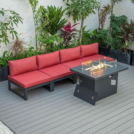 Chelsea Middle Patio Chairs & Fire Pit Table Set Black Aluminum Frame with Cushions Red - 5 Piece