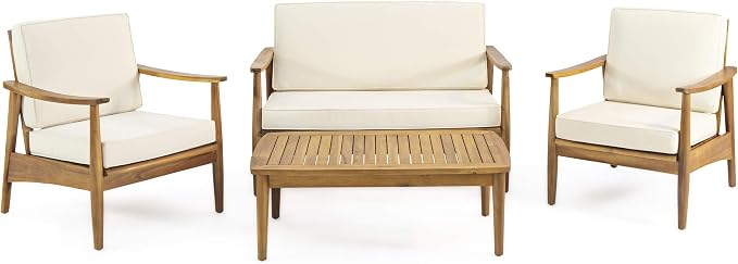 Christopher Knight Home Felix Outdoor Acacia Wood 4 Seater Chat Set with Coffee Table, Teak Finish, Beige