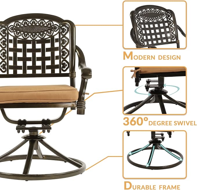 7-Piece Outdoor Patio Dining Set, 60” Rectangular Cast Aluminum Dining Table with Umbrella Hole and 4 Stationary, 2 Swivel Rocker Chairs, 6 Cushioned, Backyard, Patio, Garden