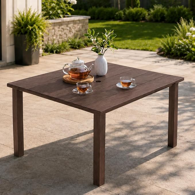HDPE Outdoor Dining Set for 4, Square Table & Chairs Set | • All-Weather Polywood Composite • 410 lbs Heavy-Duty Support • Built-In 2" Umbrella Hole • Easy Soap-Water Wash