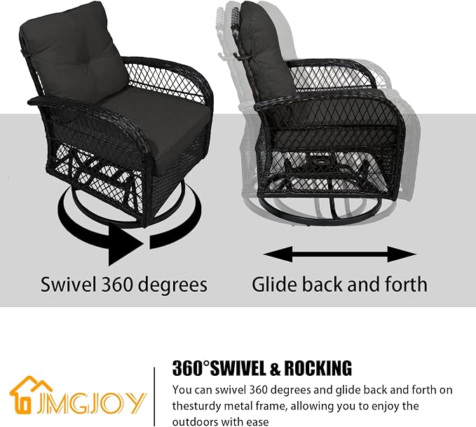Outdoor Swivel Rocker Patio Chairs with Cushions，Outdoor Swivel Rocking Chairs Set of 2 with Rattan Side Table，360 Degree Swivel Seat Patio Furniture Set for Outside Porch Deck，3 Pieces