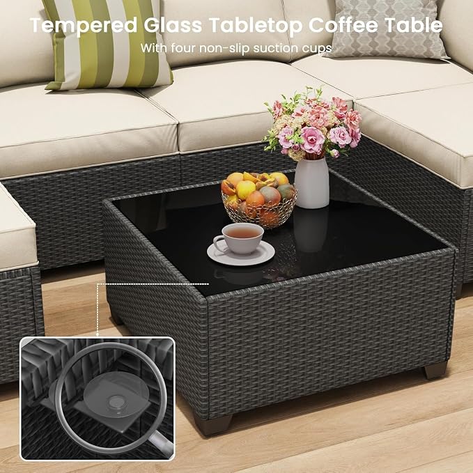 7 Piece Outdoor Patio Furniture Set Modular Rattan Wicker Sectional Sofa Couch with Washable Thick Cushions and Coffee Table Modern Outdoor Conversation Set for Backyard Porch(Purple)