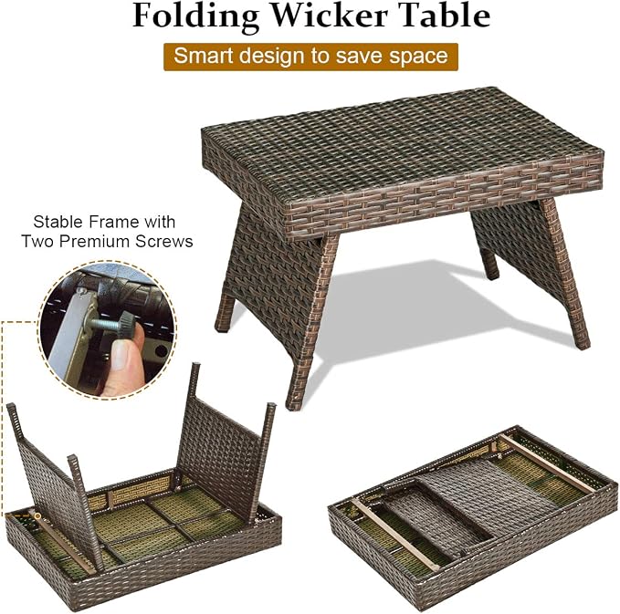 ReunionG Outdoor Patio Wicker Table, Portable Folding Table with Rattan and Steel Frame, Leisure Coffee Table, All Weather Standing Side Table for Lawn Garden, Courtyard, Poolside (Brown)