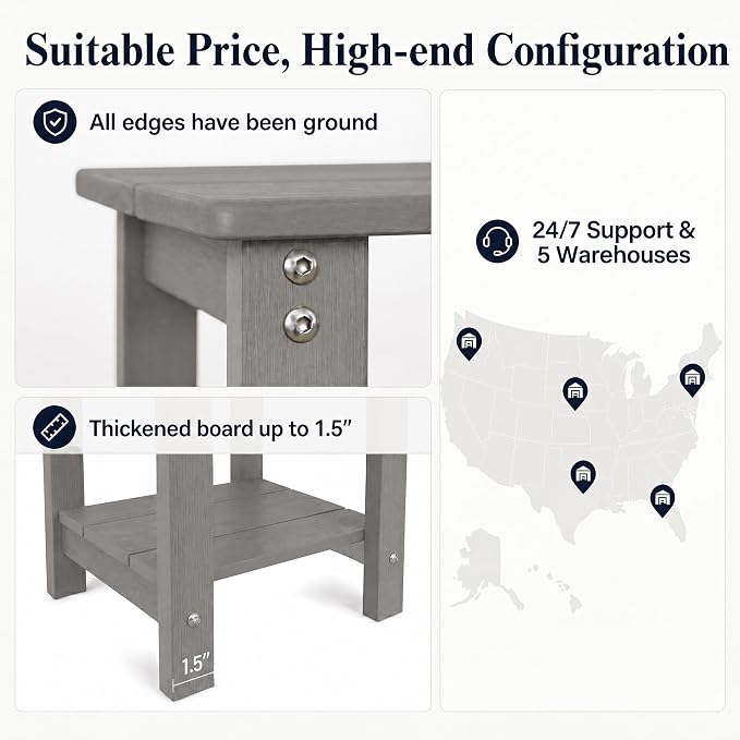 MXIMU Outdoor Side Table Set of 2: Heavy-Duty Sturdy Warp Resistant Adirondack Table - Wood Grain Finish Outdoor End Tables - Easy Assembly & Low Maintenance Patio Side Table Grey