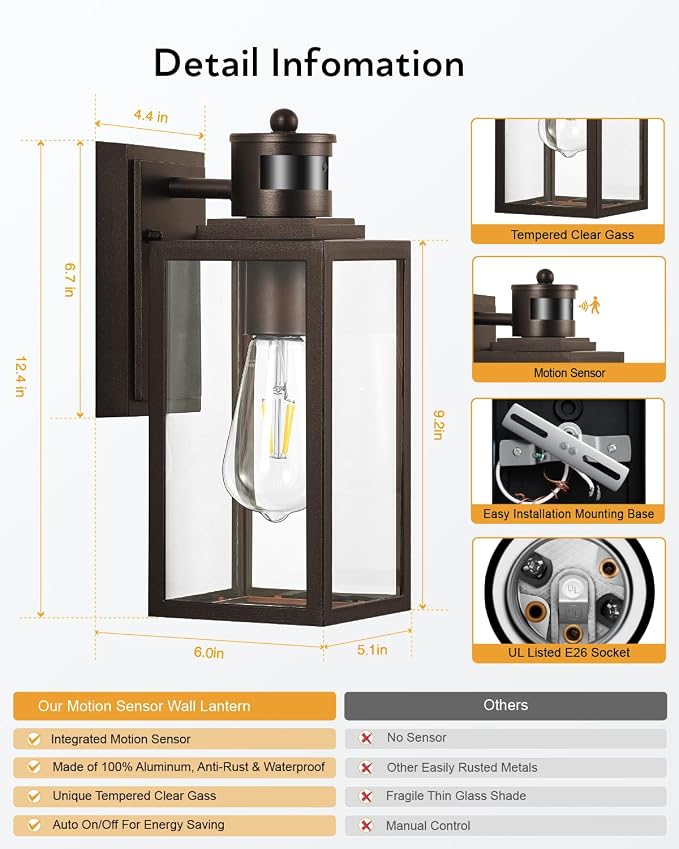 VIANIS Oil Rubbed Bronze Motion Sensor Porch Lights Outdoor, Farmhouse Outdoor Garage Lighting Fixtures Wall Mount for House, 100% Aluminum Waterproof Outdoor Sconce Lights for Front Door, Coach