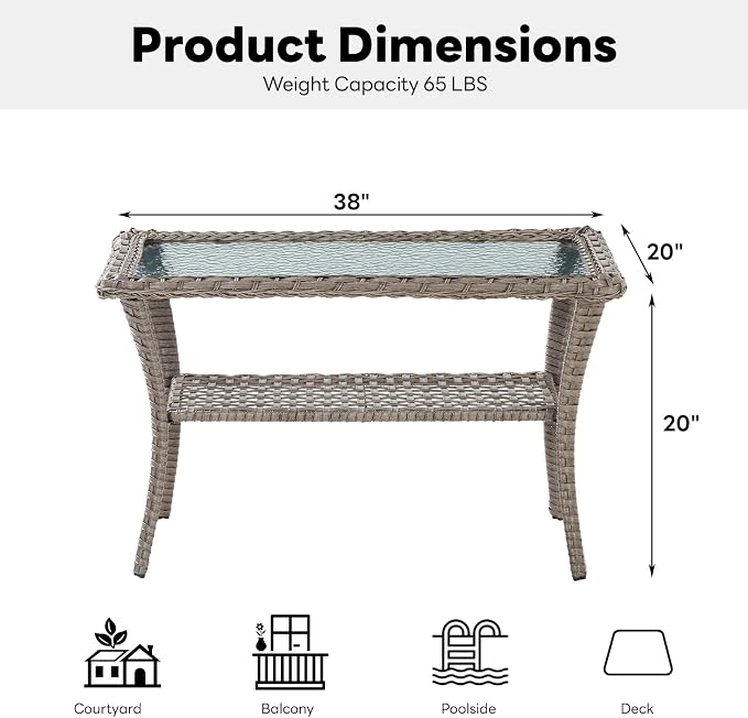 Belord 38 Inch Outdoor Coffee Table with 2 Tier Storage - Wicker Coffee Table with Water Ripple Texture Tempered Glass Top, All Weather Patio Coffee Table for Deck Porch Balcony Garden Gray