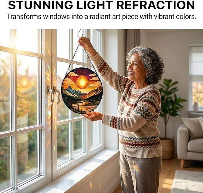 Birthday Gifts for Women - Sunset Mountains River Faux Stained Glass Window Hanging Sun Catcher for Door Garden Acrylic Decor Mother's Day Christmas for Mom Nana Men Grandma Wife 9.8"