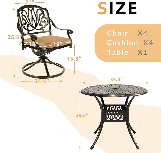 5 Piece Patio Dining Set, Outdoor Table and Chairs Set for 4 Cushioned Swivel Rocking Chairs and 35.4'' Round Table, All-Weather Cast Aluminum Patio Funiture Set, 2'' Umbrella Hole