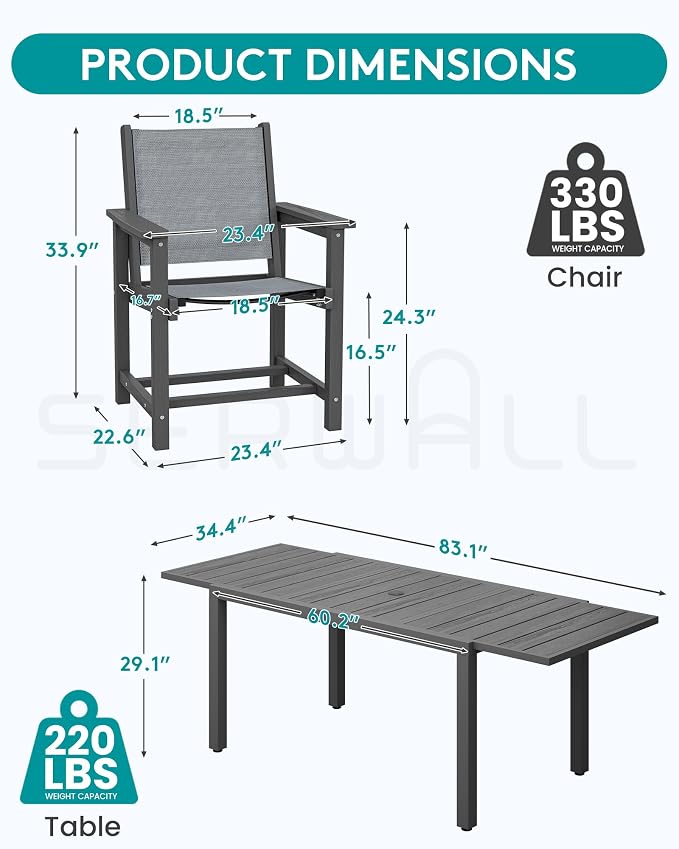 SERWALL Outdoor Dining Chairs Set of 2, Grey | All-Weather HDPE and Patio Textilene Chairs Suitable for Outdoor Dining Table