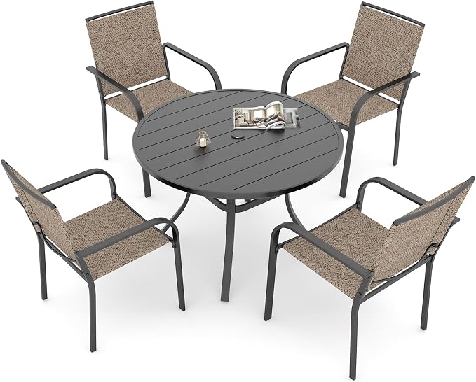 5 Piece Patio Dining Set with 41" Round Metal Table and Beige Grey Chairs | 4 Piece Stackable Chairs Textilene Seat and Back, Table and Chair with Metal Frame, Round Slat Table Top, 1.9" Umbrella Hole