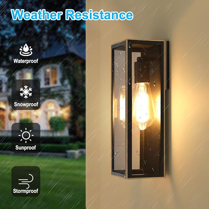 VerRon Outdoor Wall Light Fixtures, Modern Exterior Wall Lanterns, 2-Pack | Black with Gold Trim, Anti-Rust E26 Modern Lighting Fixtures Waterproof with Clear Glass Shades for Patio Garage Front Door
