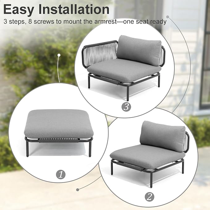 8 Piece Modern Outdoor Sectional Sofa, 31" Oversized Patio Furniture Set with Olefin Woven Rope, Weather-Resistant Metal Frame and Removable Cushion, Dark Grey