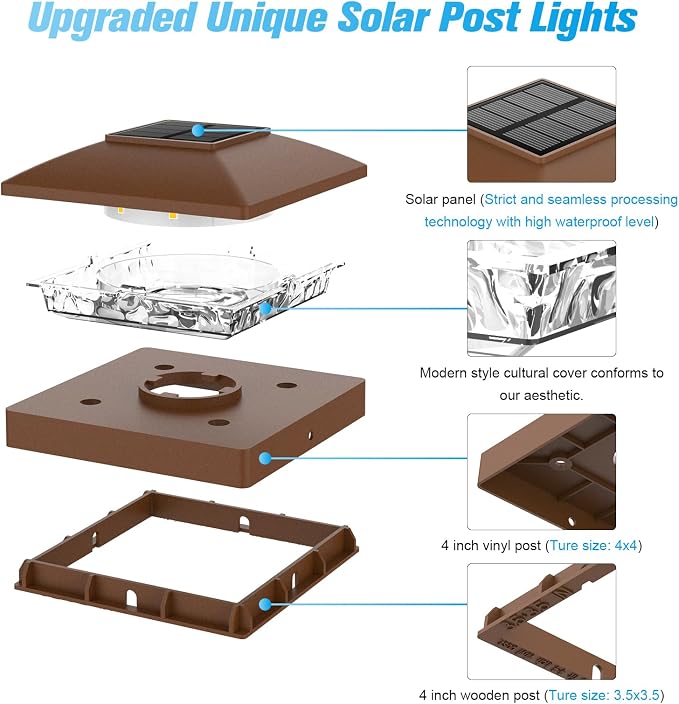 VOLISUN 4x4 Solar Post Cap Light 16pack,Solar Fence - Post Lights Brown Outdoor Waterproof for Wooden/Vinyl Post, with Warm White for Deck