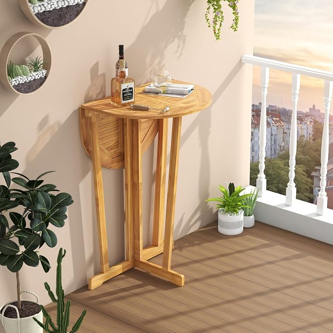 Tangkula Outdoor Teak Wood Bar Table Folding, Patio Bar Height Oval Table with Slatted Tabletop and Cross Base, Pub Height Table for Patio, Porch, Backyard, Poolside